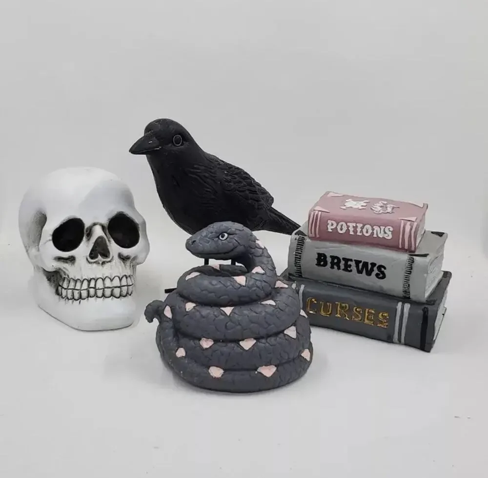 Set of 4 Mini Halloween Figures Book Stack Skull Crow Snake Pink & Gray NEW